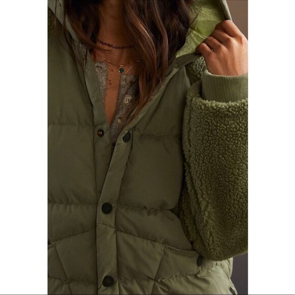 NEW Anthropologie Pilcro Moss Green Hooded Snap-Button Swing Puffer Jacket Coat - Picture 5 of 6